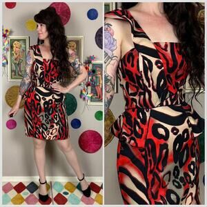 Vintage Y2K Red and Black Abstract Animal Print One Shoulder Mini Peplum Dress